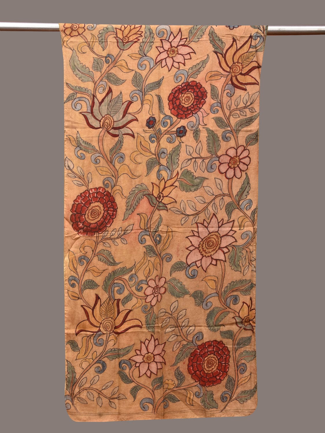 Light Yellow Kalamkari Hand Painted Sico Stole with Floral Design - Global Threads | Swadesiicart