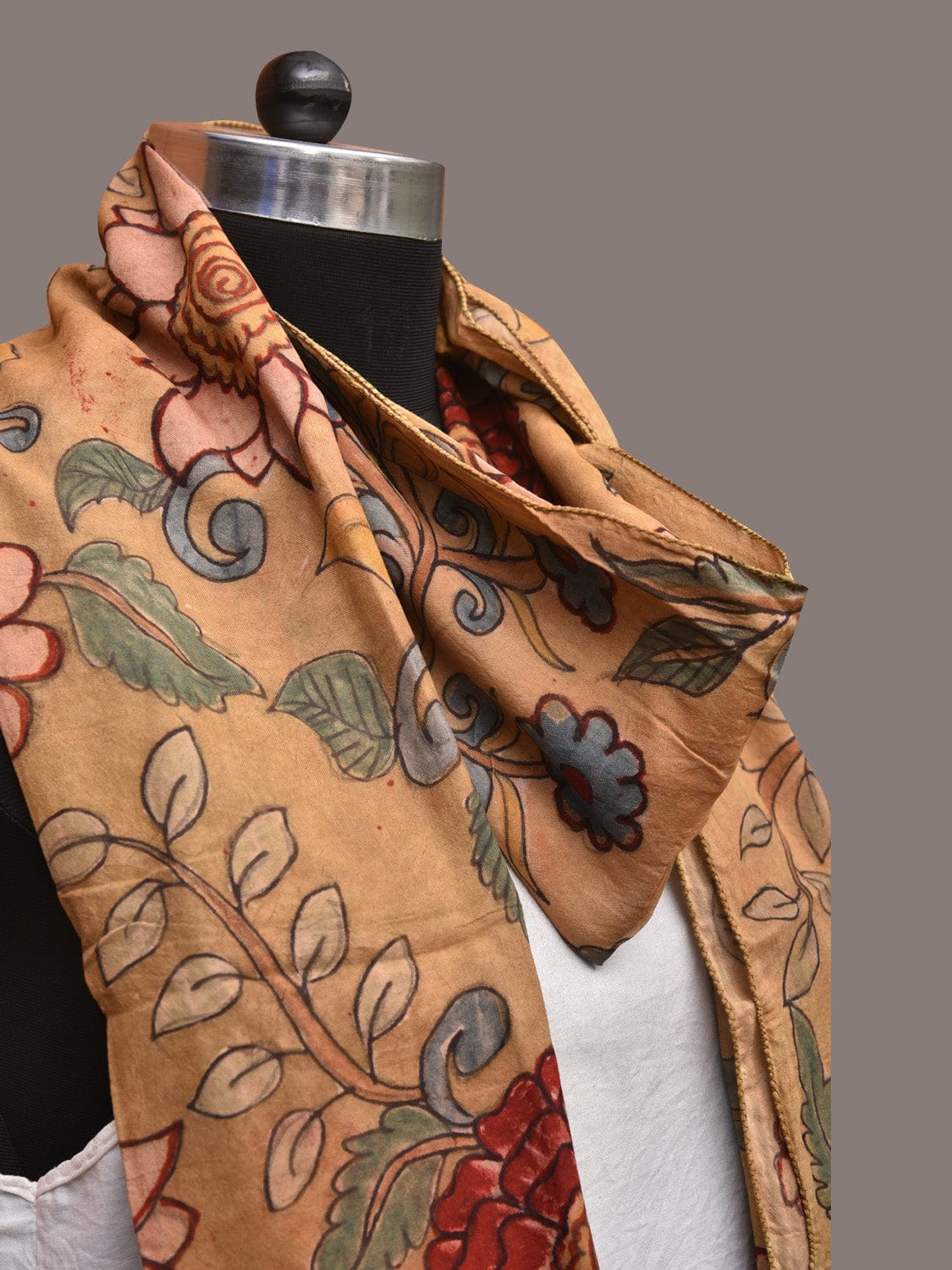 Light Yellow Kalamkari Hand Painted Sico Stole with Floral Design - Global Threads | Swadesiicart