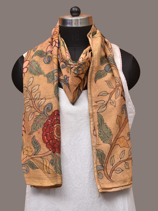 Light Yellow Kalamkari Hand Painted Sico Stole with Floral Design - Global Threads | Swadesiicart