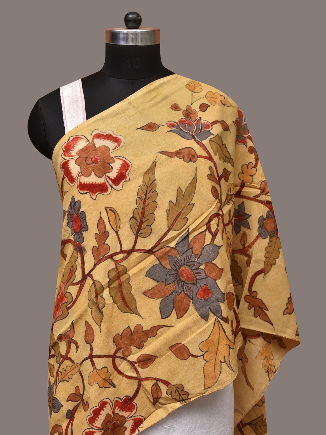Light Yellow Kalamkari Hand Painted Sico Stole with Floral Design - Global Threads | Swadesiicart
