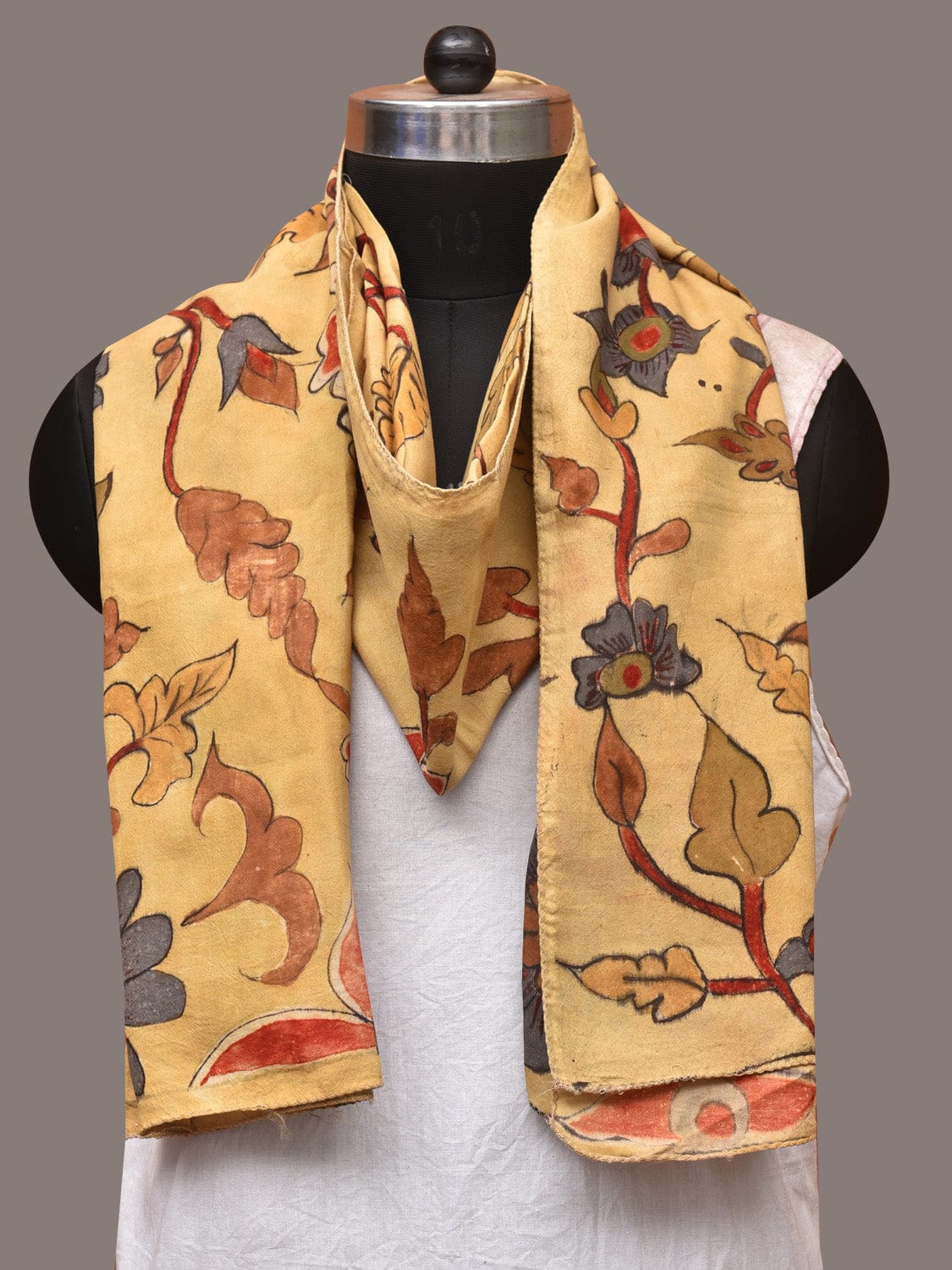 Light Yellow Kalamkari Hand Painted Sico Stole with Floral Design - Global Threads | Swadesiicart