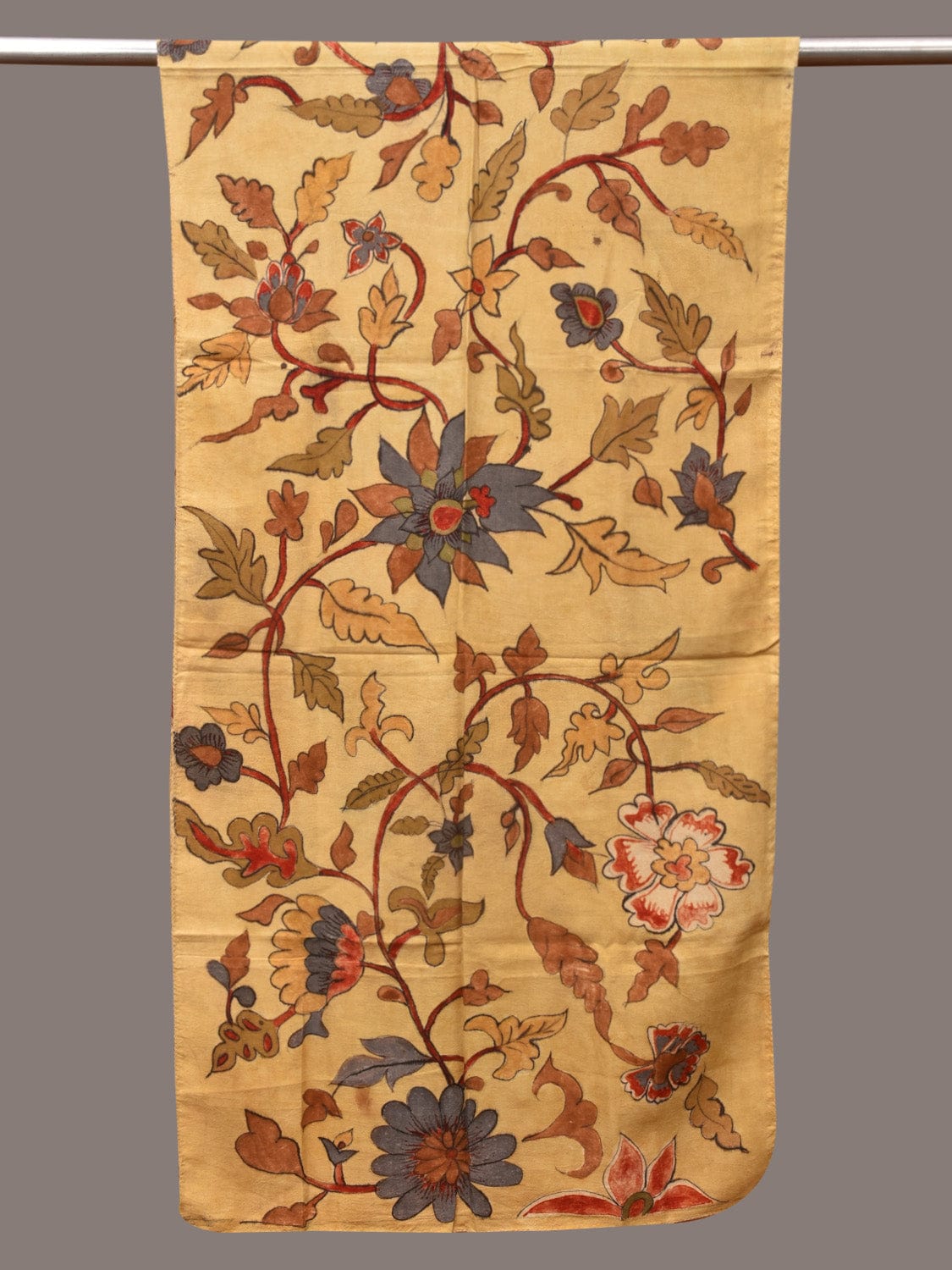 Light Yellow Kalamkari Hand Painted Sico Stole with Floral Design - Global Threads | Swadesiicart