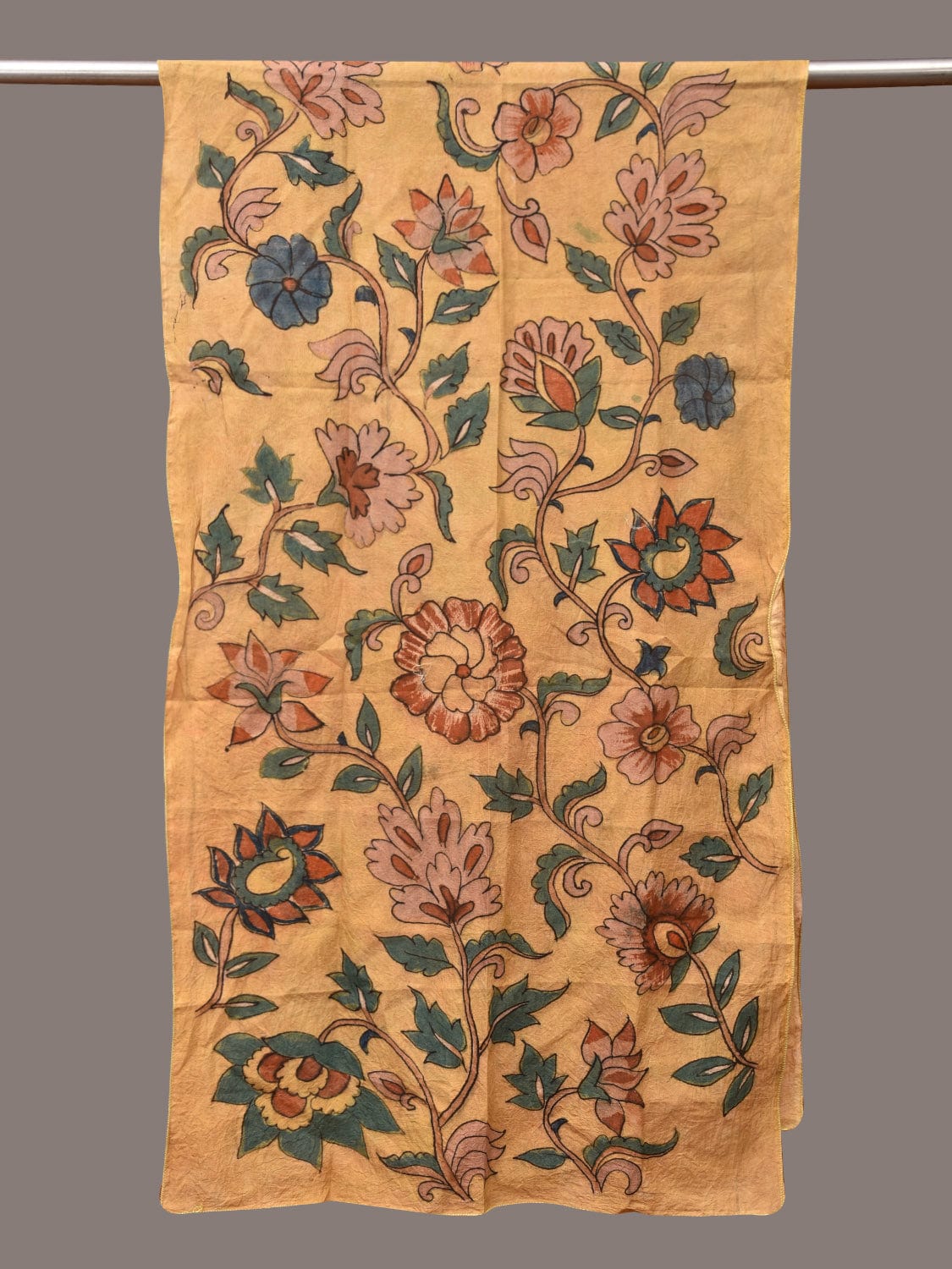 Light Yellow Kalamkari Hand Painted Sico Stole with Floral Design - Global Threads | Swadesiicart