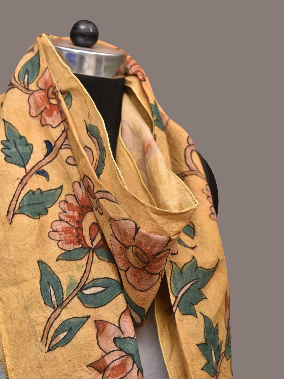 Light Yellow Kalamkari Hand Painted Sico Stole with Floral Design - Global Threads | Swadesiicart