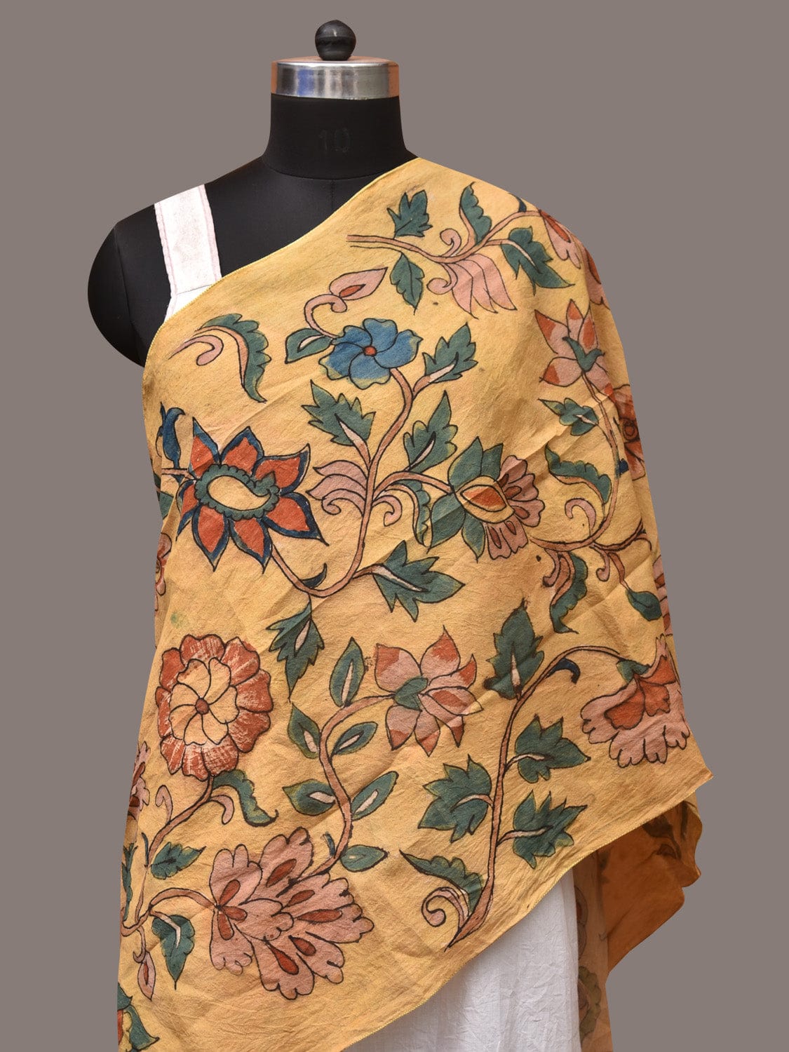 Light Yellow Kalamkari Hand Painted Sico Stole with Floral Design - Global Threads | Swadesiicart