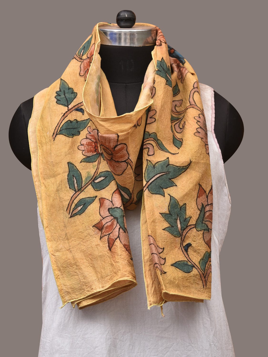 Light Yellow Kalamkari Hand Painted Sico Stole with Floral Design - Global Threads | Swadesiicart