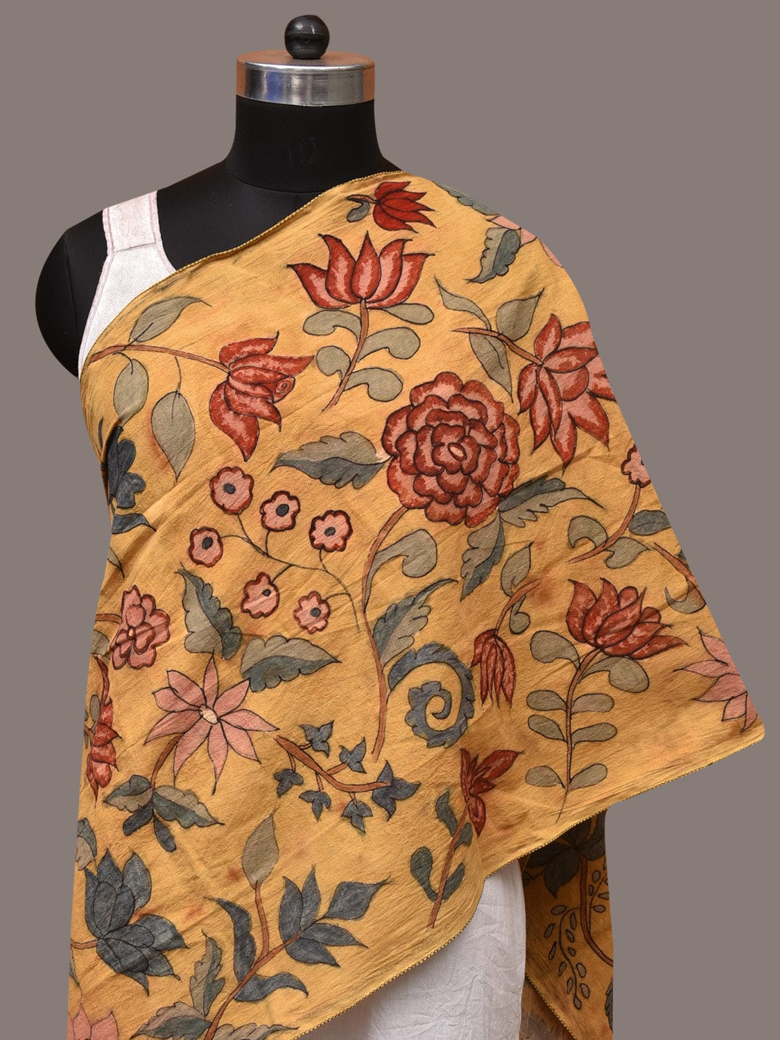 Light Yellow Kalamkari Hand Painted Sico Stole with Floral Design - Global Threads | Swadesiicart