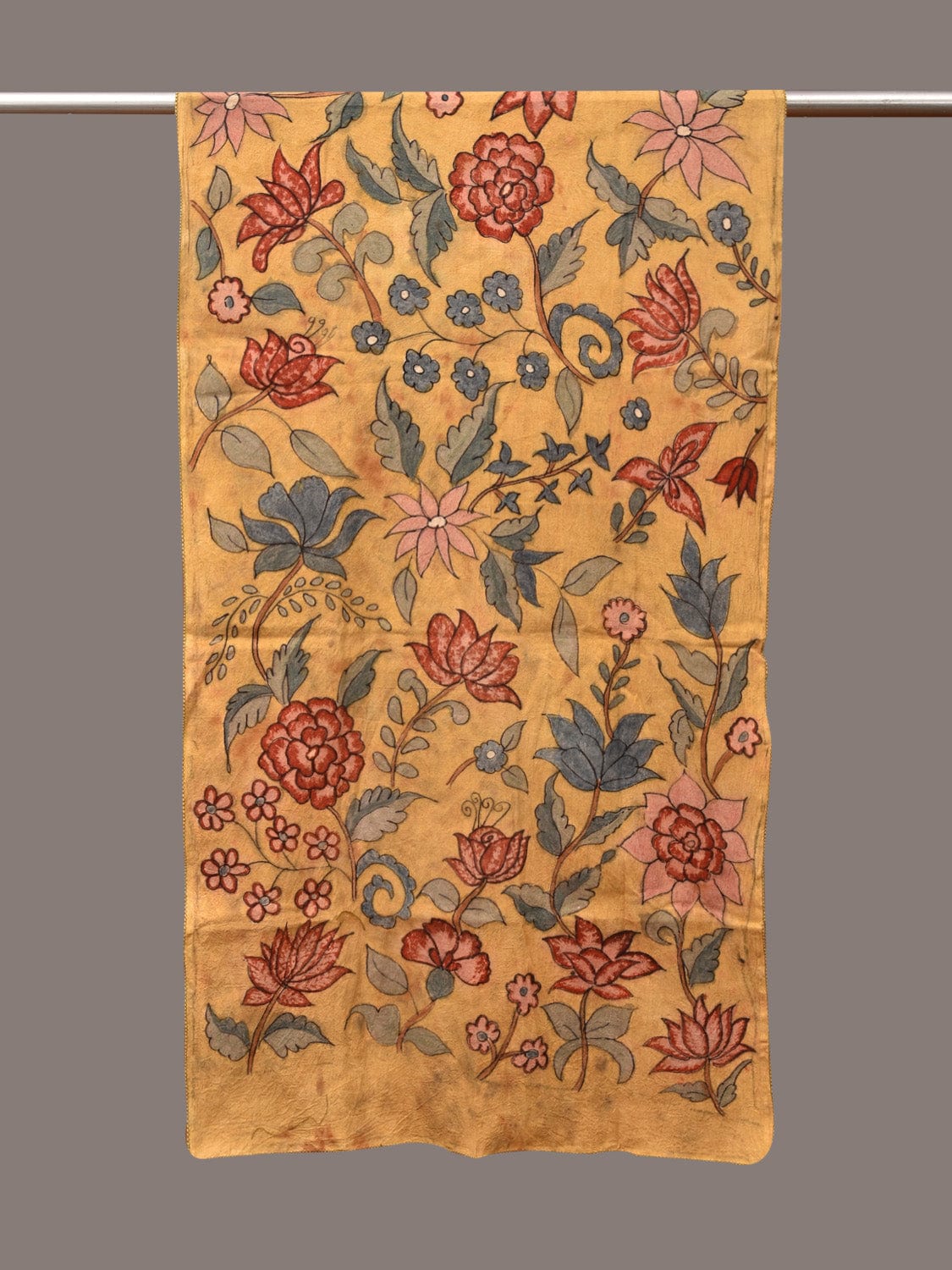 Light Yellow Kalamkari Hand Painted Sico Stole with Floral Design - Global Threads | Swadesiicart