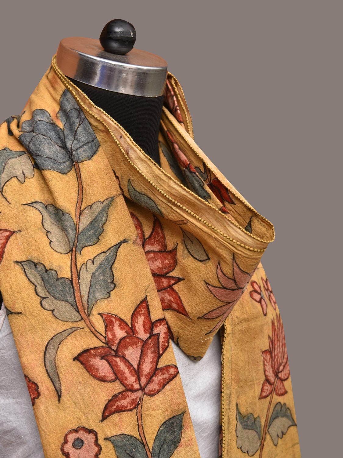 Light Yellow Kalamkari Hand Painted Sico Stole with Floral Design - Global Threads | Swadesiicart