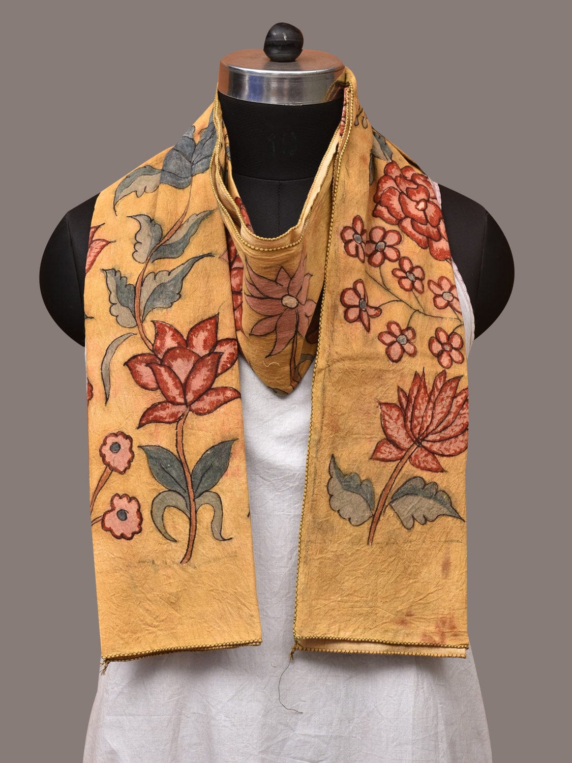 Light Yellow Kalamkari Hand Painted Sico Stole with Floral Design - Global Threads | Swadesiicart