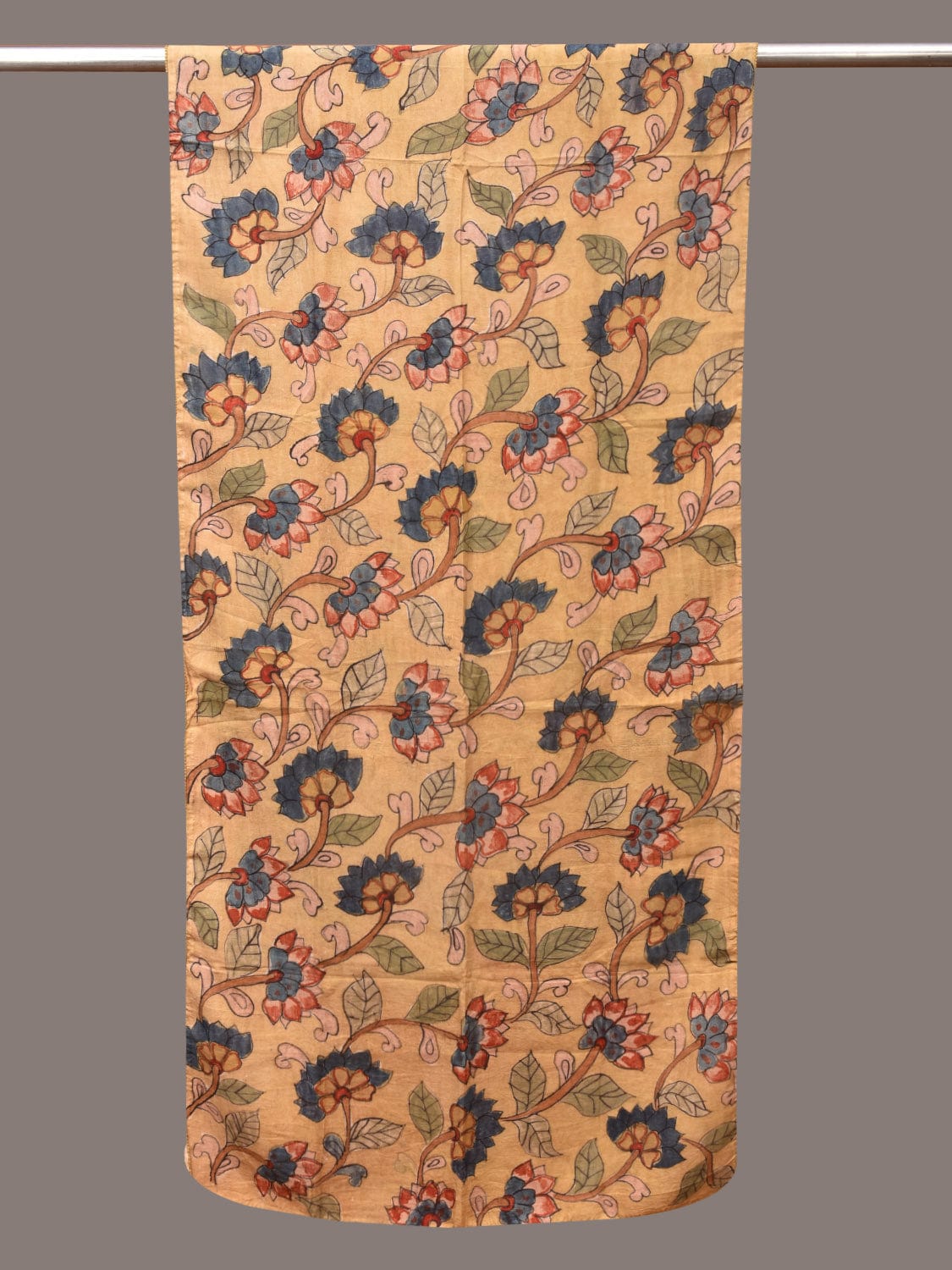 Light Yellow Kalamkari Hand Painted Sico Stole with Lotus Flowers Design - Global Threads | Swadesiicart