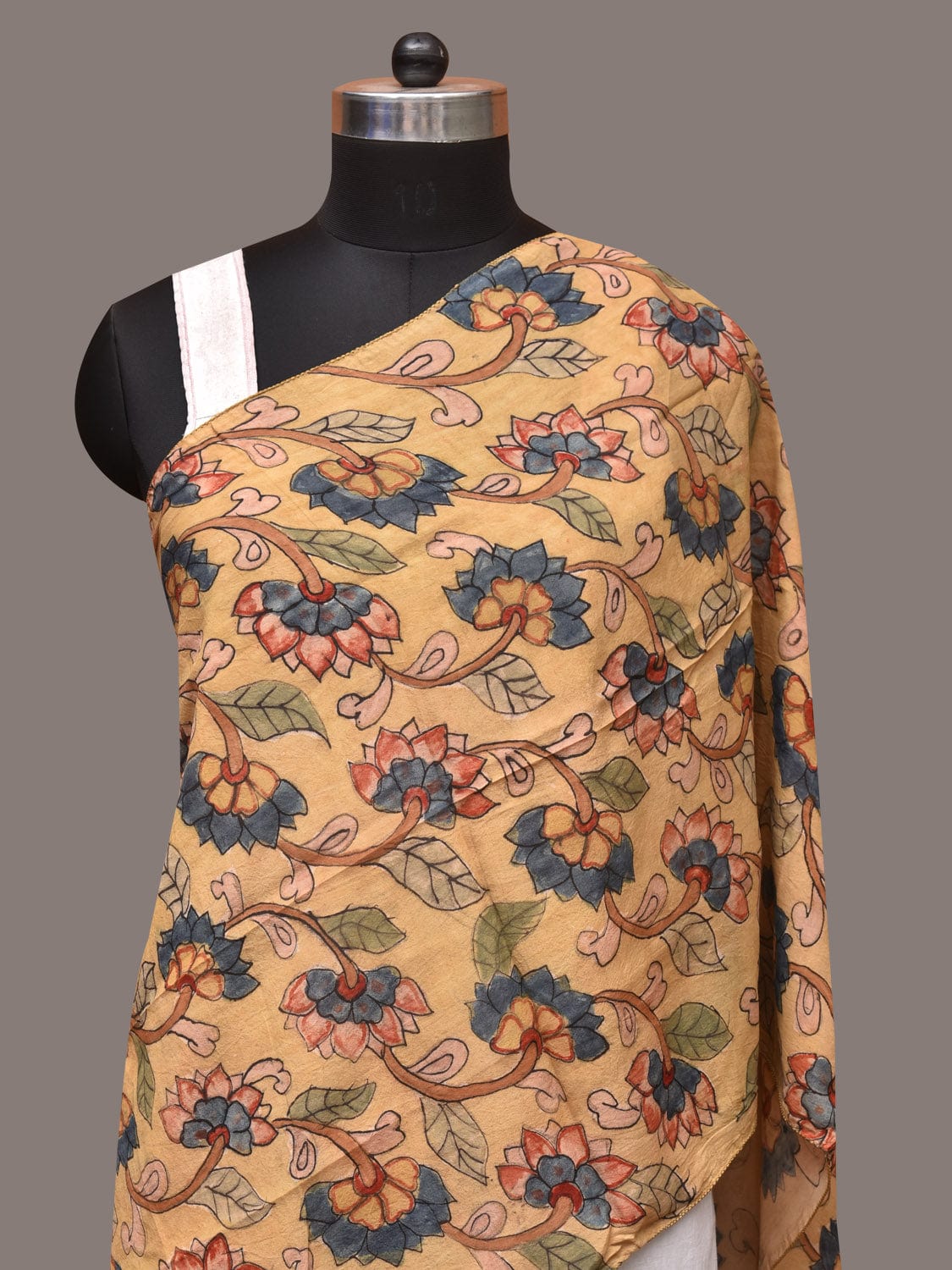 Light Yellow Kalamkari Hand Painted Sico Stole with Lotus Flowers Design - Global Threads | Swadesiicart