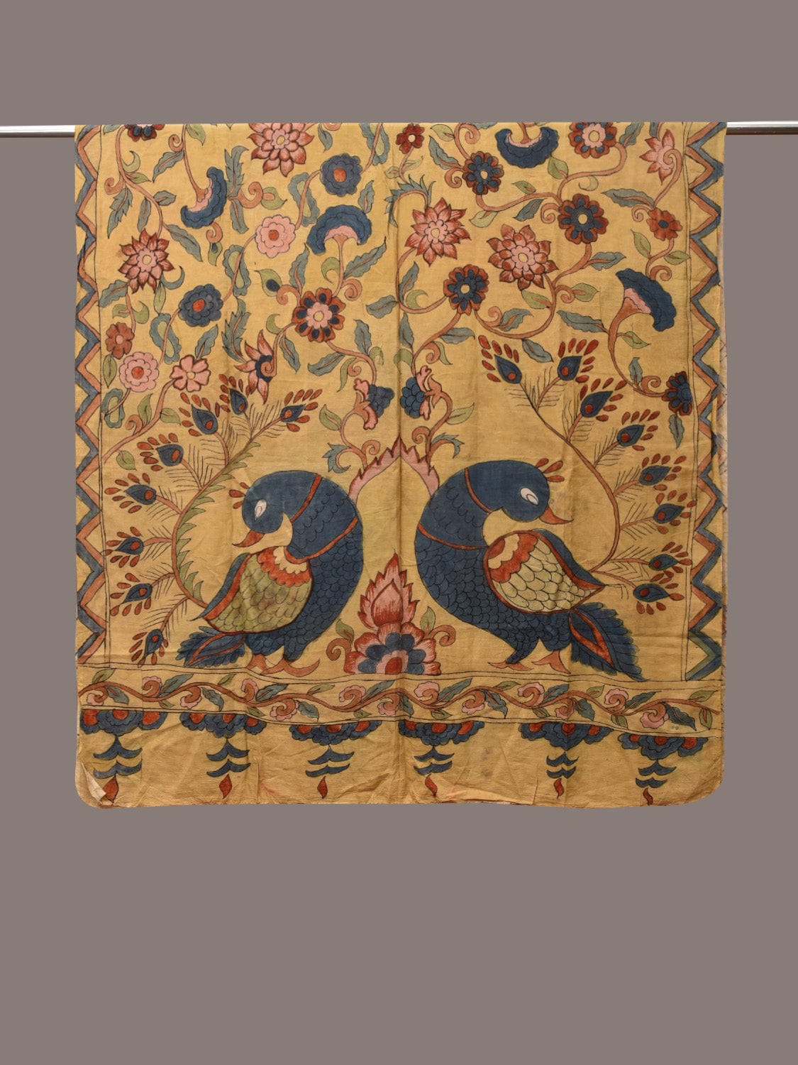 Light Yellow Kalamkari Hand Painted Silk Handloom Dupatta with Floral and Peacocks Design - Global Threads | Swadesiicart