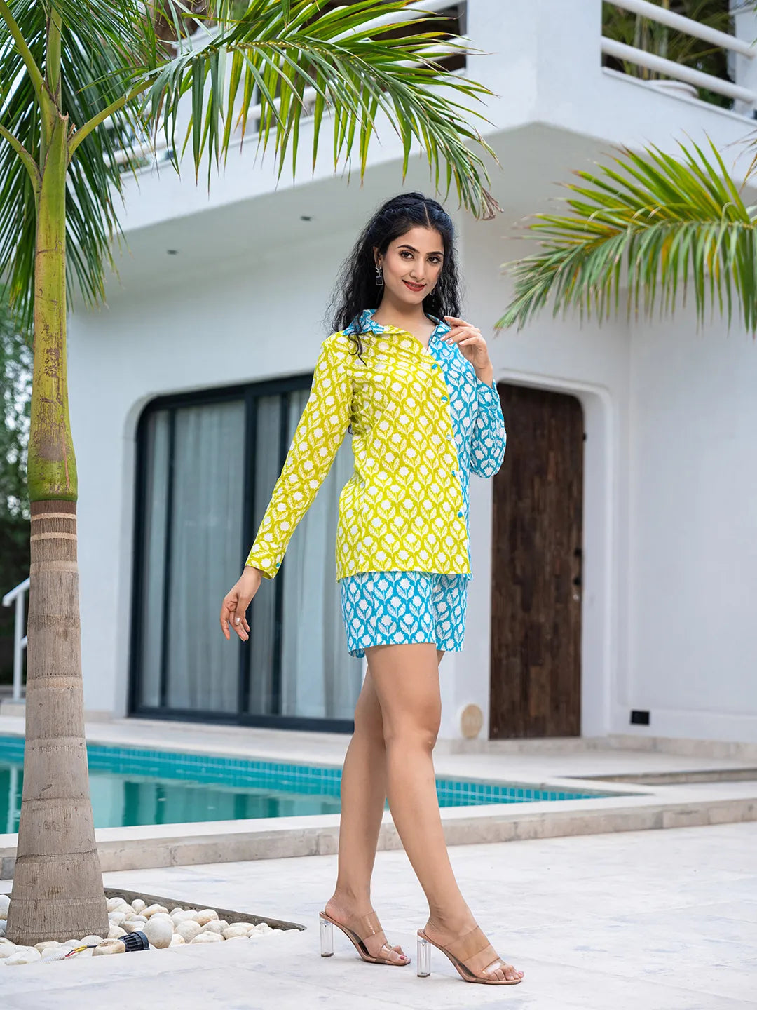 Yufta Lime Green & Blue Cotton Colour Blocking Co-Ord Set - Swadesiicart