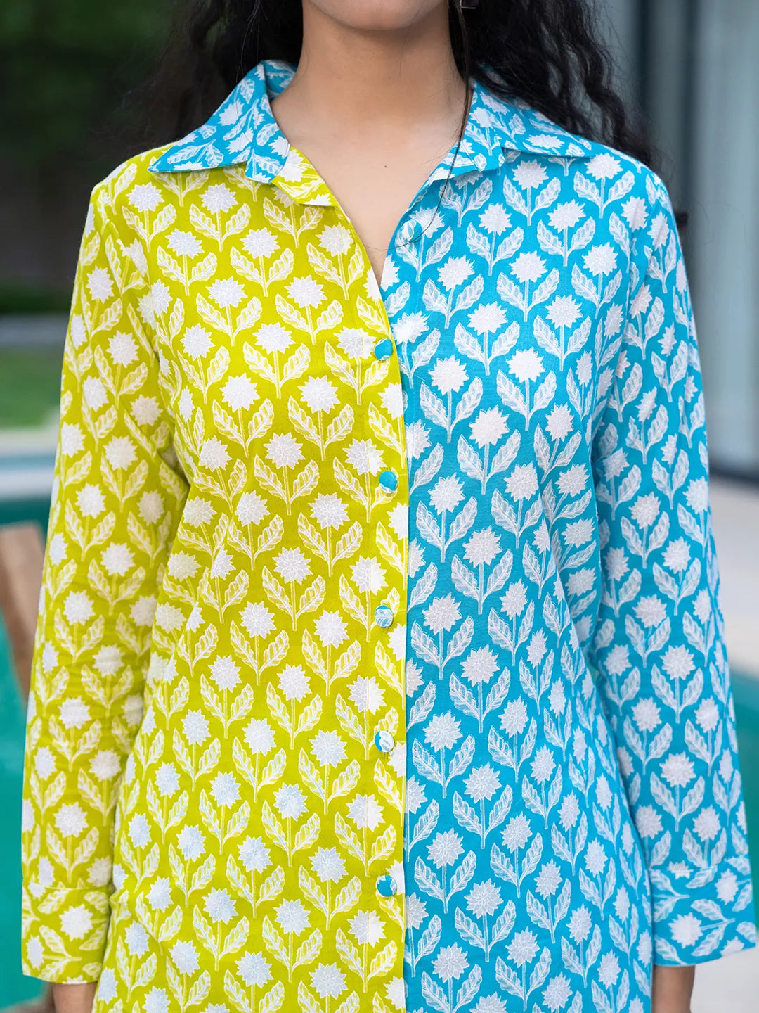 Yufta Lime Green & Blue Cotton Colour Blocking Co-Ord Set - Swadesiicart
