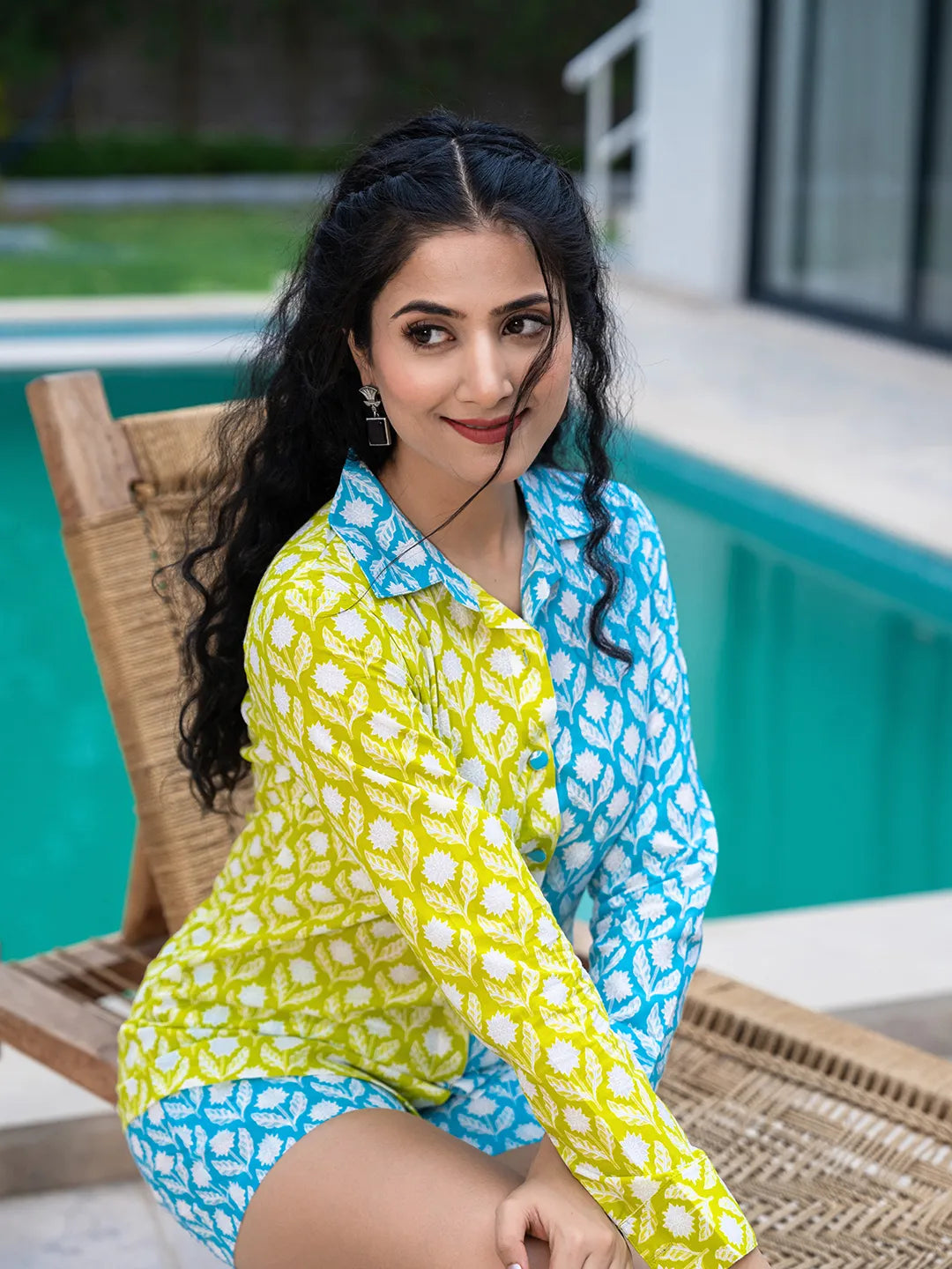 Yufta Lime Green & Blue Cotton Colour Blocking Co-Ord Set - Swadesiicart
