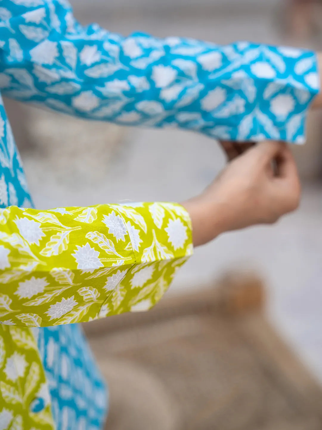Yufta Lime Green & Blue Cotton Colour Blocking Co-Ord Set - Swadesiicart
