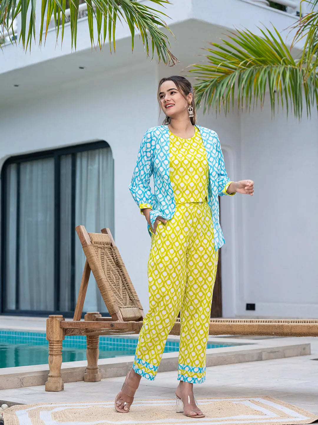 Yufta Lime Green & Sky Blue Co Ord Set Add Jacket - Swadesiicart