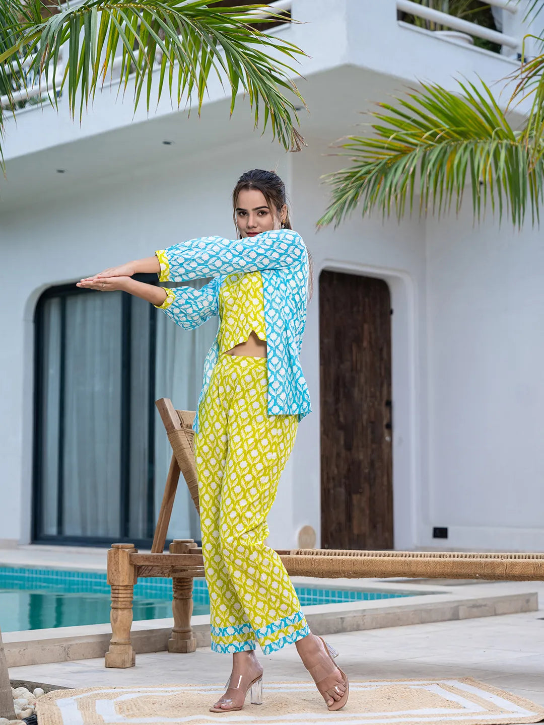Yufta Lime Green & Sky Blue Co Ord Set Add Jacket - Swadesiicart