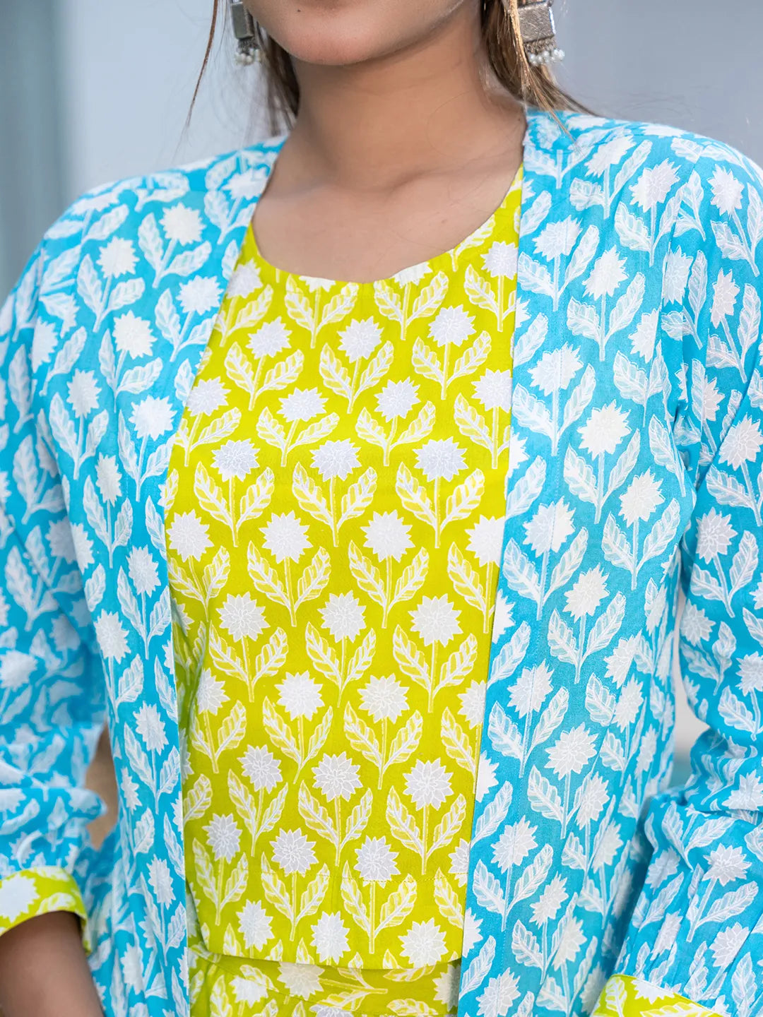 Yufta Lime Green & Sky Blue Co Ord Set Add Jacket - Swadesiicart