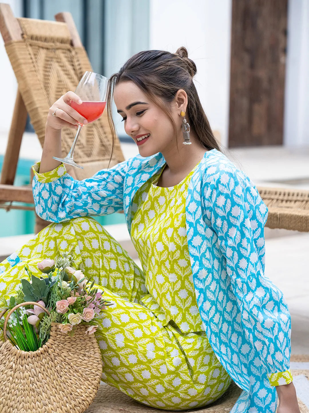 Yufta Lime Green & Sky Blue Co Ord Set Add Jacket - Swadesiicart