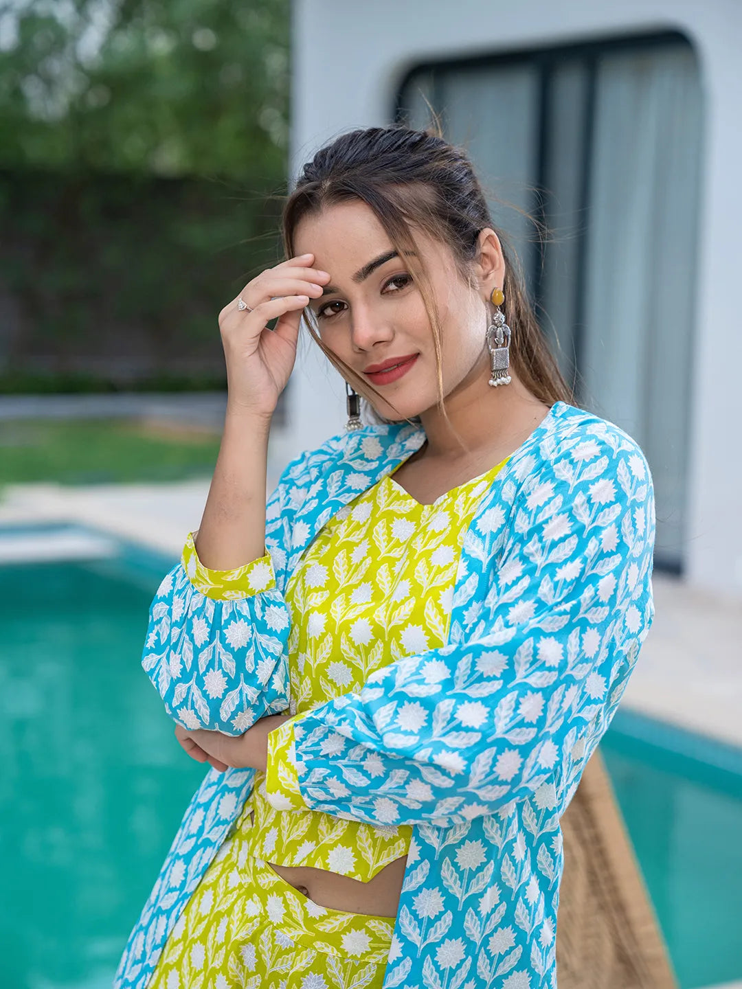 Yufta Lime Green & Sky Blue Co Ord Set Add Jacket - Swadesiicart