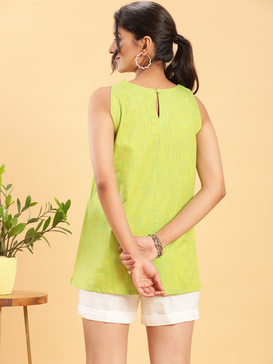 BohoJazz Lime Green Top with Motif and White Shorts Co-ord Set - Swadesiicart