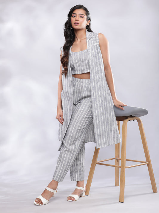 BohoJazz Striped Linen Three Piece Co-ord Set - Blue & White - Swadesiicart