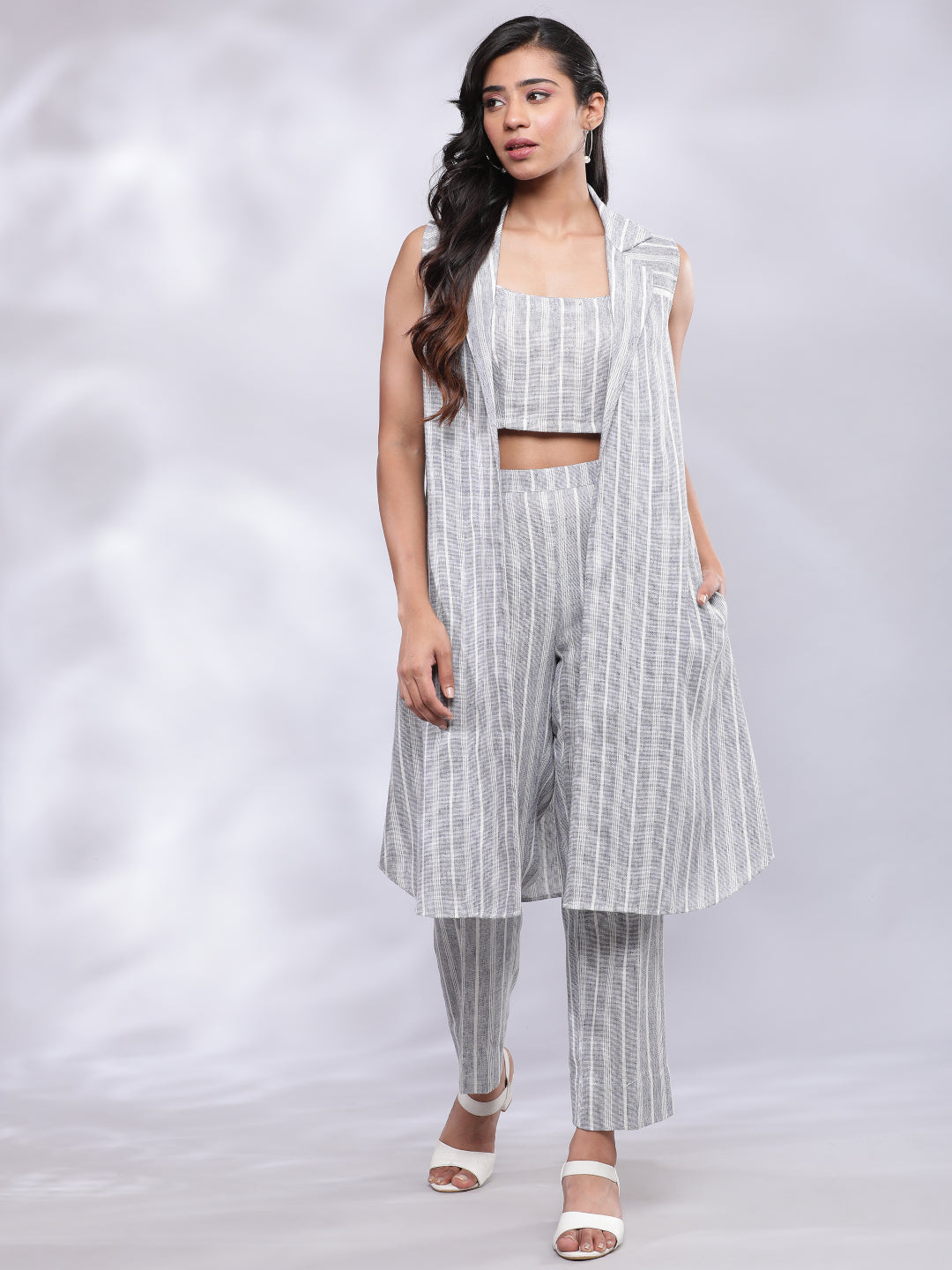 BohoJazz Striped Linen Three Piece Co-ord Set - Blue & White - Swadesiicart