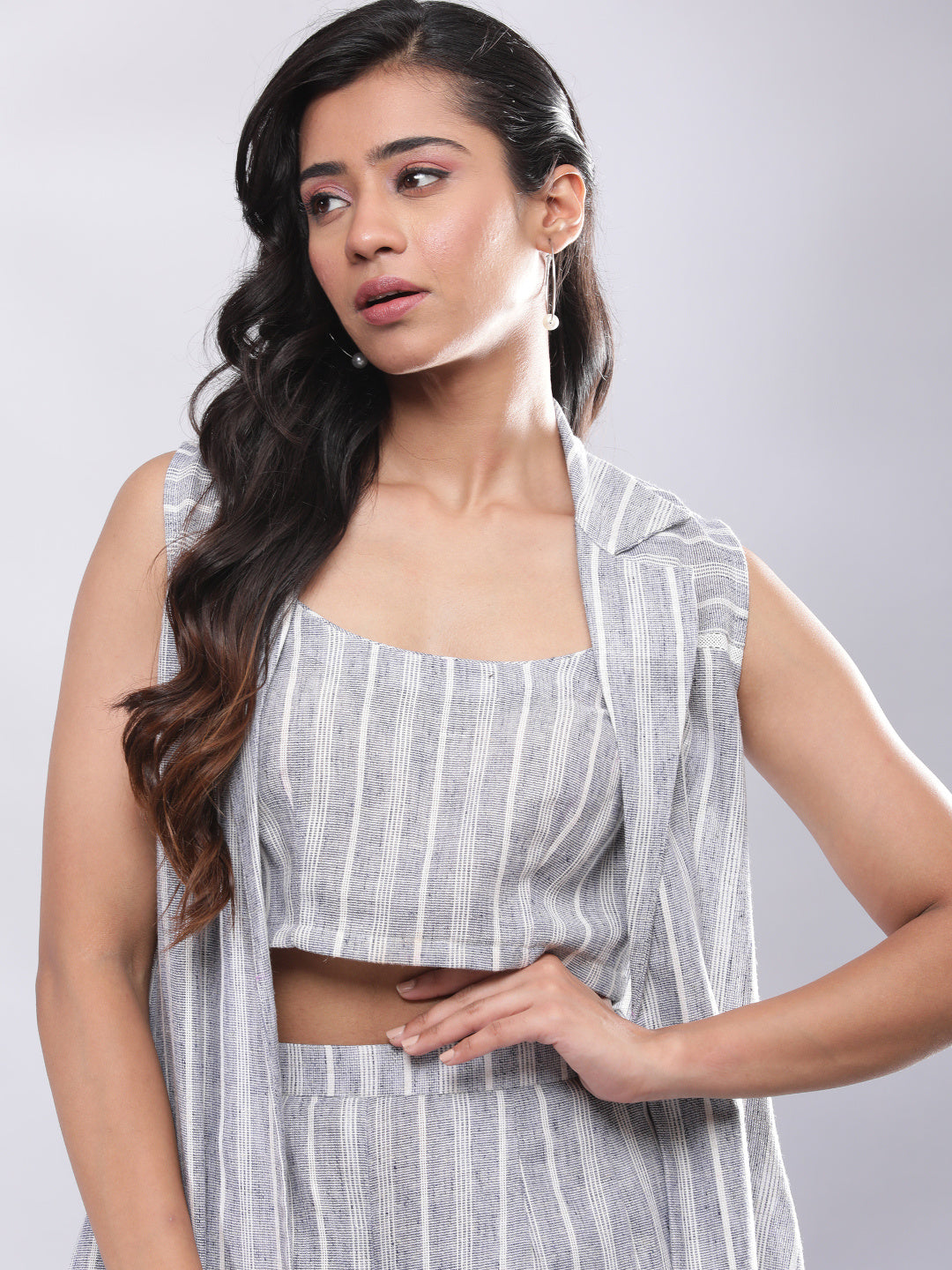 BohoJazz Striped Linen Three Piece Co-ord Set - Blue & White - Swadesiicart