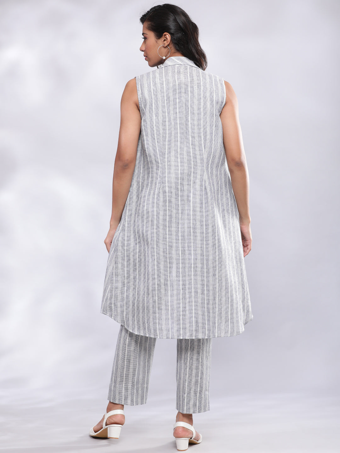 BohoJazz Striped Linen Three Piece Co-ord Set - Blue & White - Swadesiicart