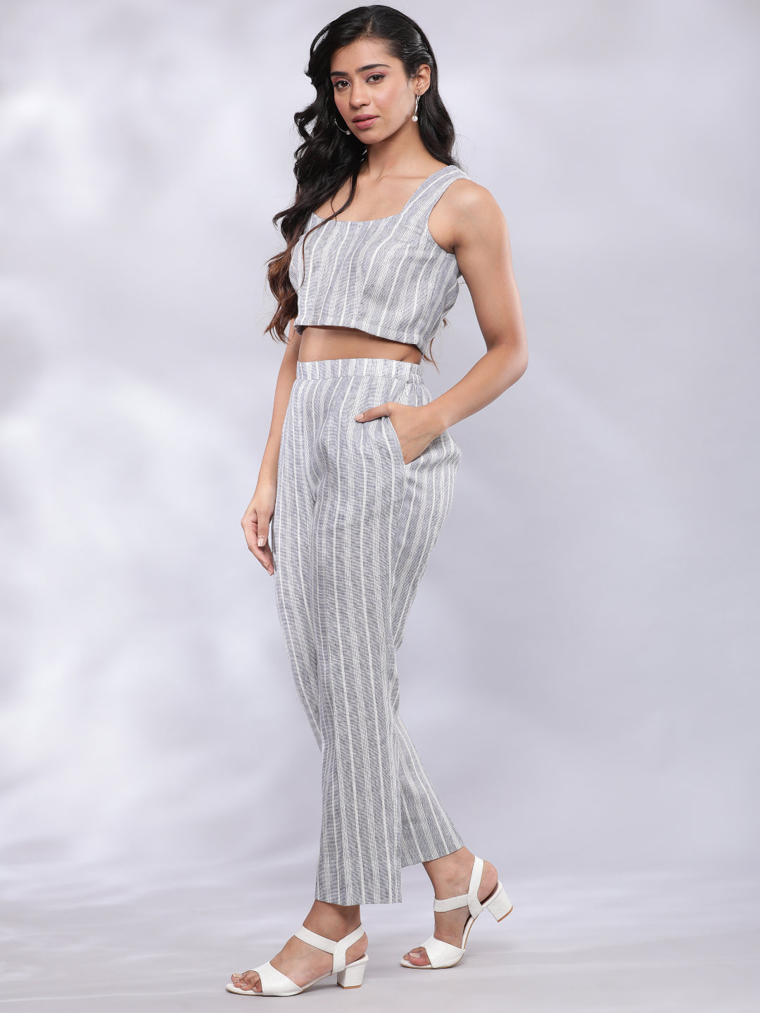 BohoJazz Striped Linen Three Piece Co-ord Set - Blue & White - Swadesiicart