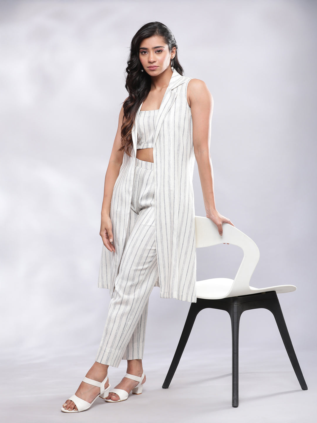 BohoJazz Striped Linen Three Piece Co-ord Set - White & Blue - Swadesiicart