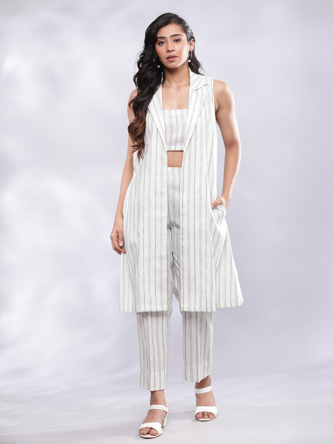 BohoJazz Striped Linen Three Piece Co-ord Set - White & Blue - Swadesiicart