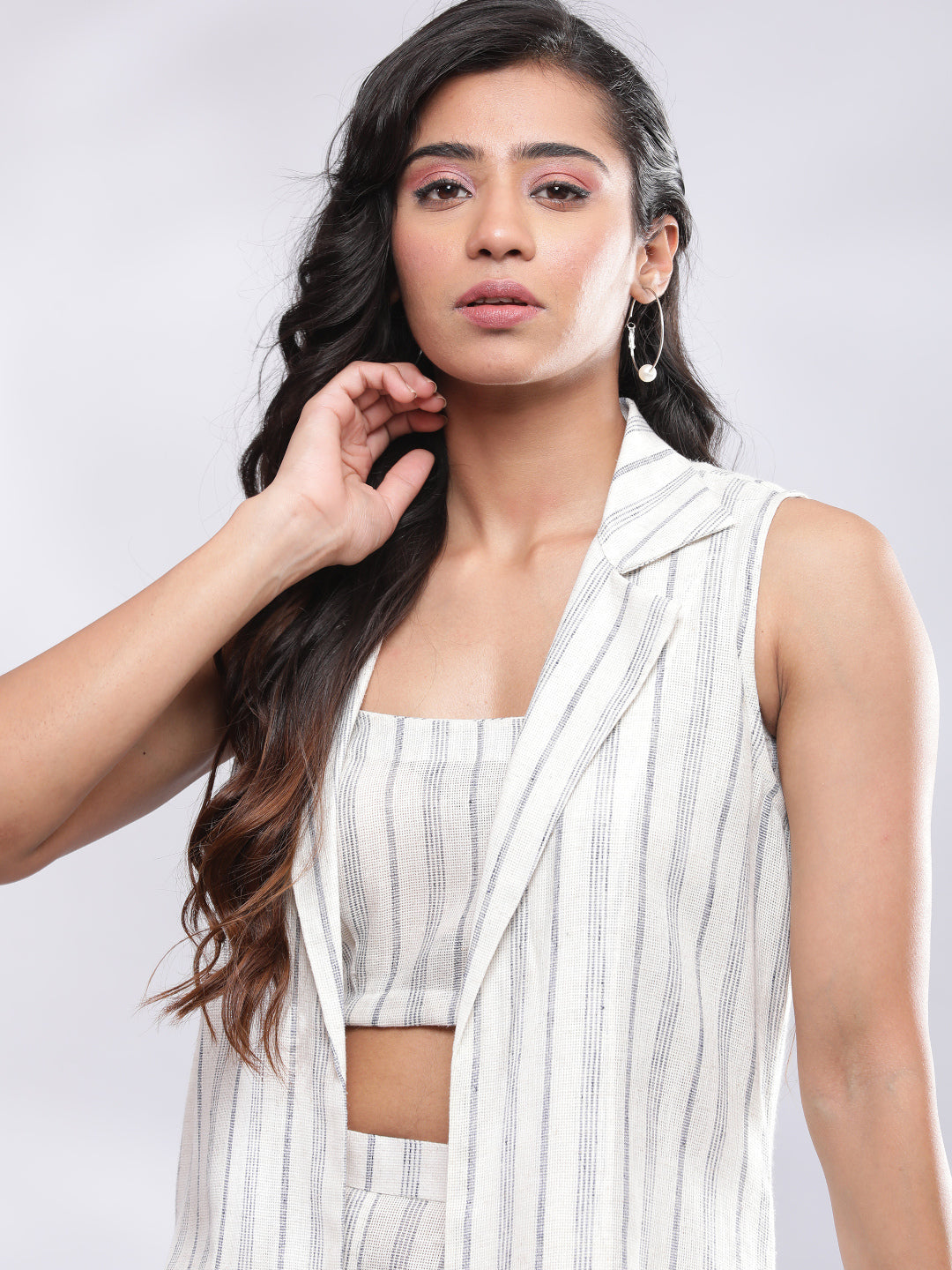 BohoJazz Striped Linen Three Piece Co-ord Set - White & Blue - Swadesiicart