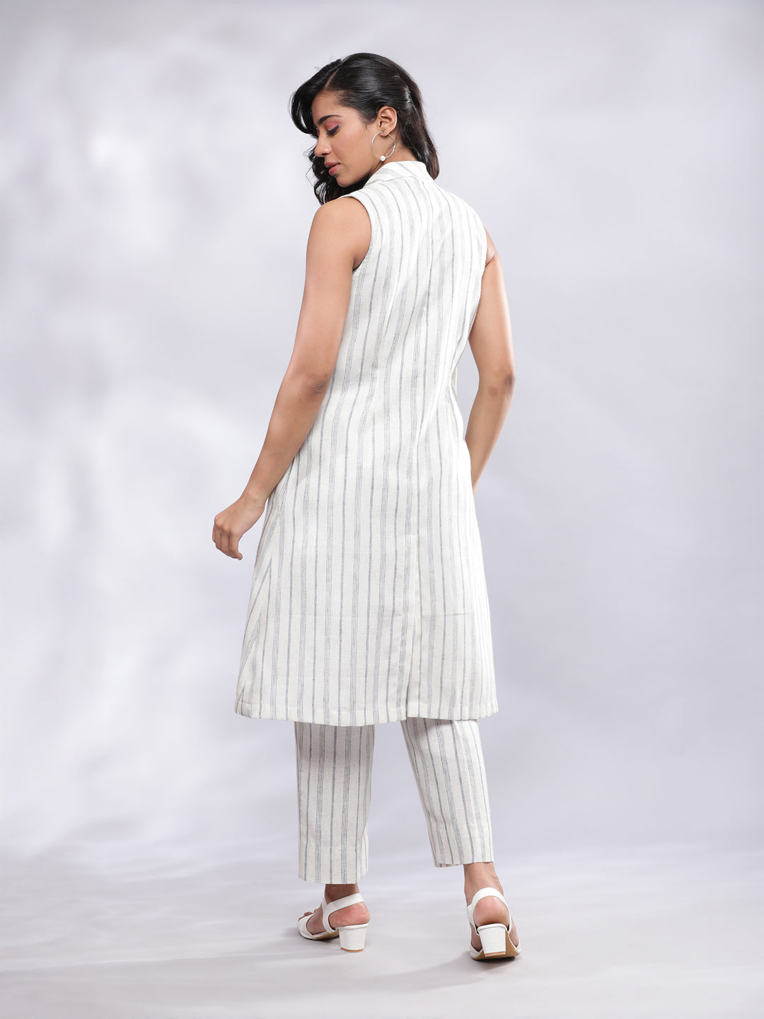 BohoJazz Striped Linen Three Piece Co-ord Set - White & Blue - Swadesiicart