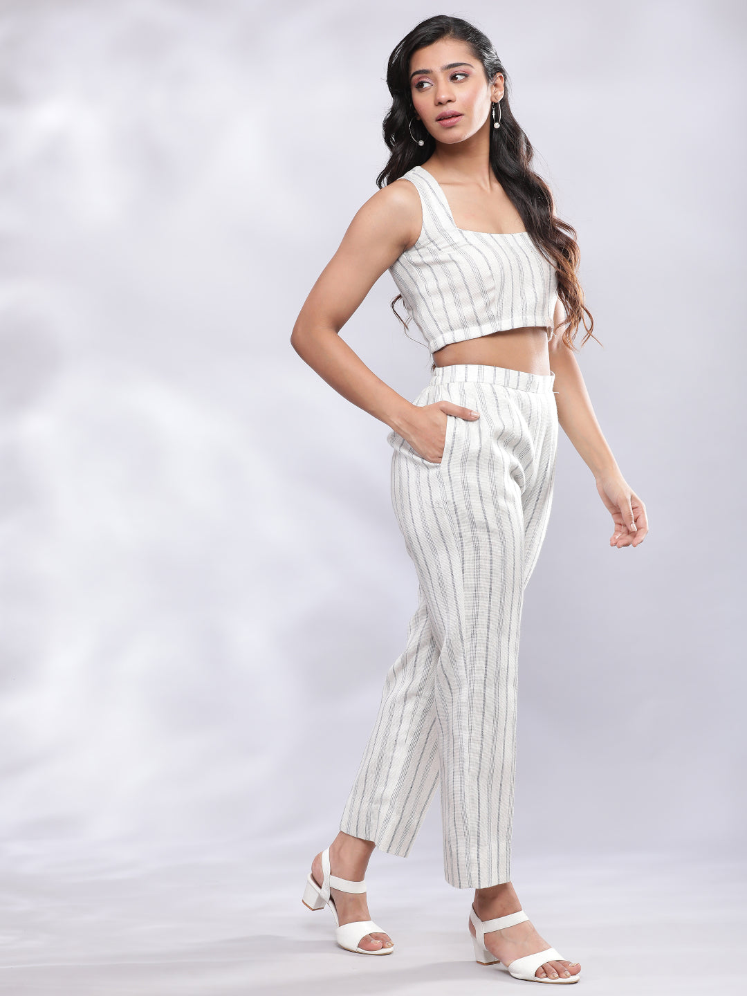 BohoJazz Striped Linen Three Piece Co-ord Set - White & Blue - Swadesiicart