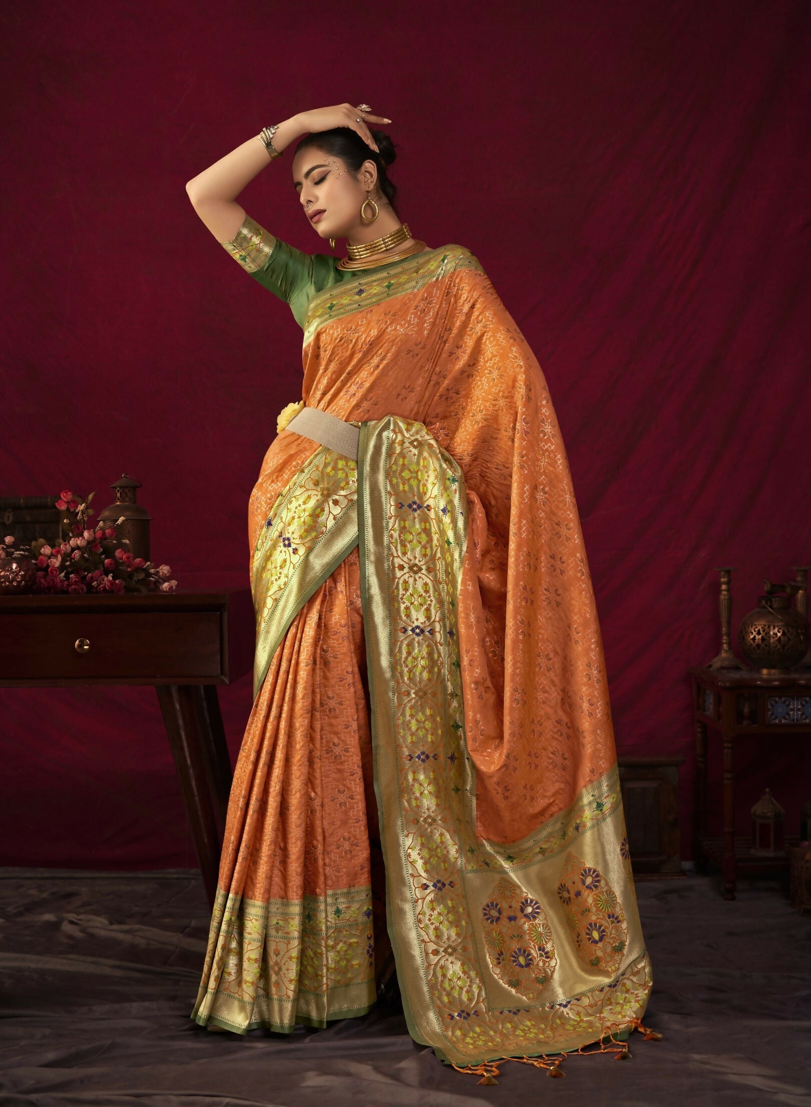 Vishnu Weaves Women's Orange Paithani Silk Saree with Blouse - Swadesiicart