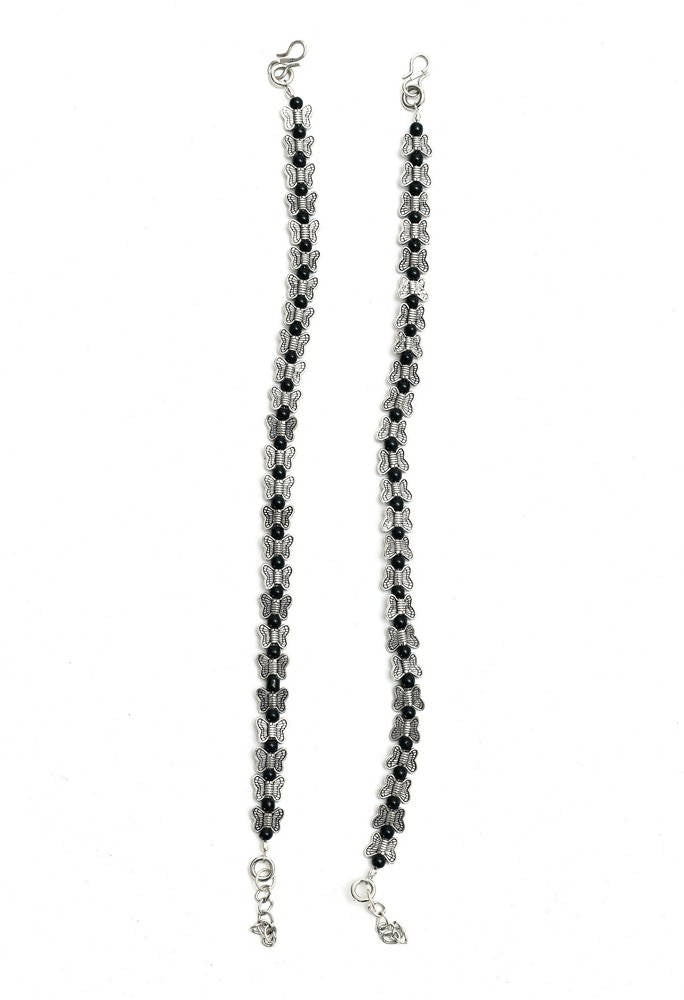 Mominos Fashion Kamal Johar Oxidised Silver Butterfly Anklets | Swadesiicart