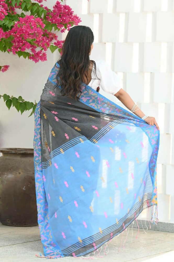 Beatitude Grey Slub Cotton Floral Jamdani Saree