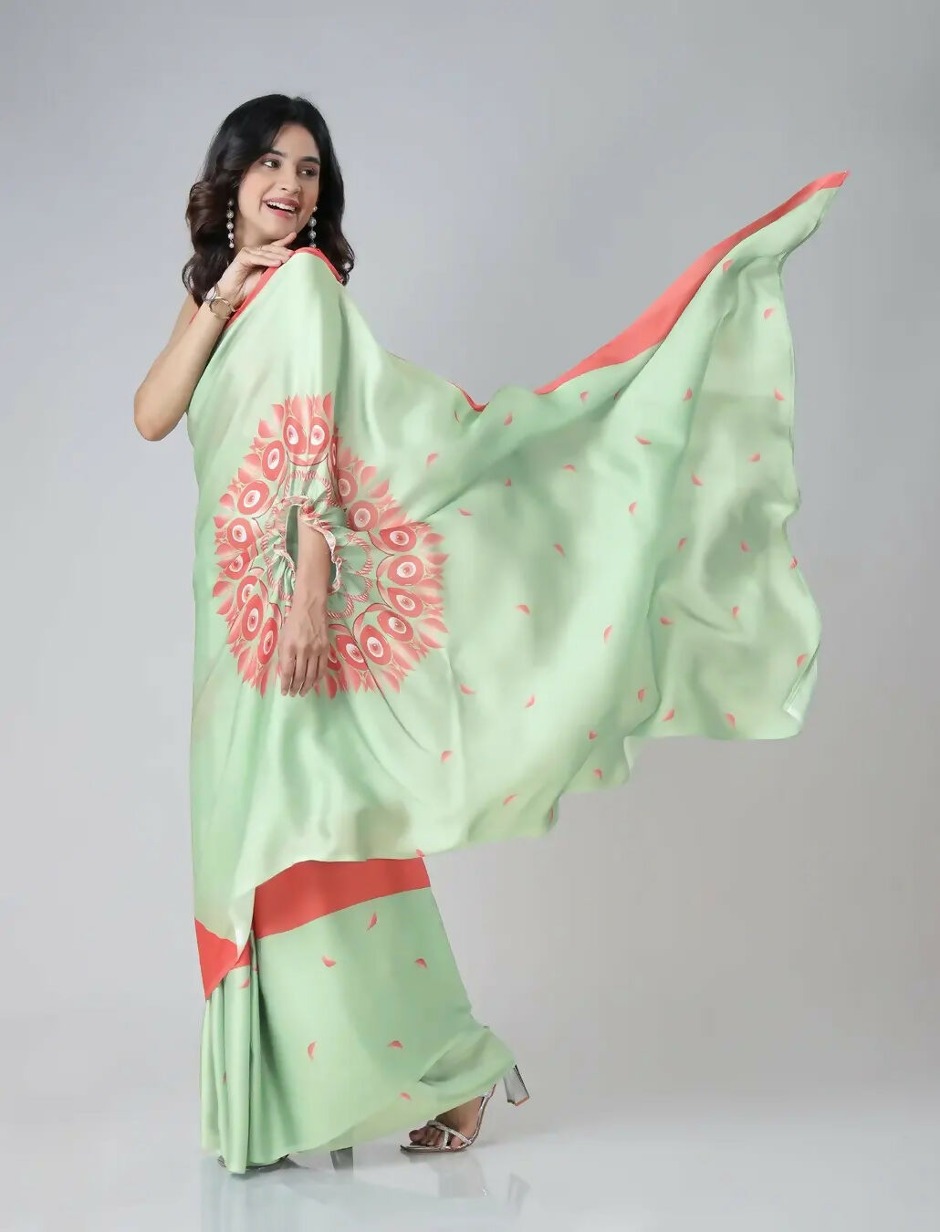 Vastranavya Mint Green & Coral Mandala Print Free Hand Ready to Wear Saree | Swadesiicart