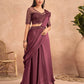 Wine Satin Embroidered Ready To Wear Saree With Unstitched Blouse Piece - Nandika | Swadesiicart