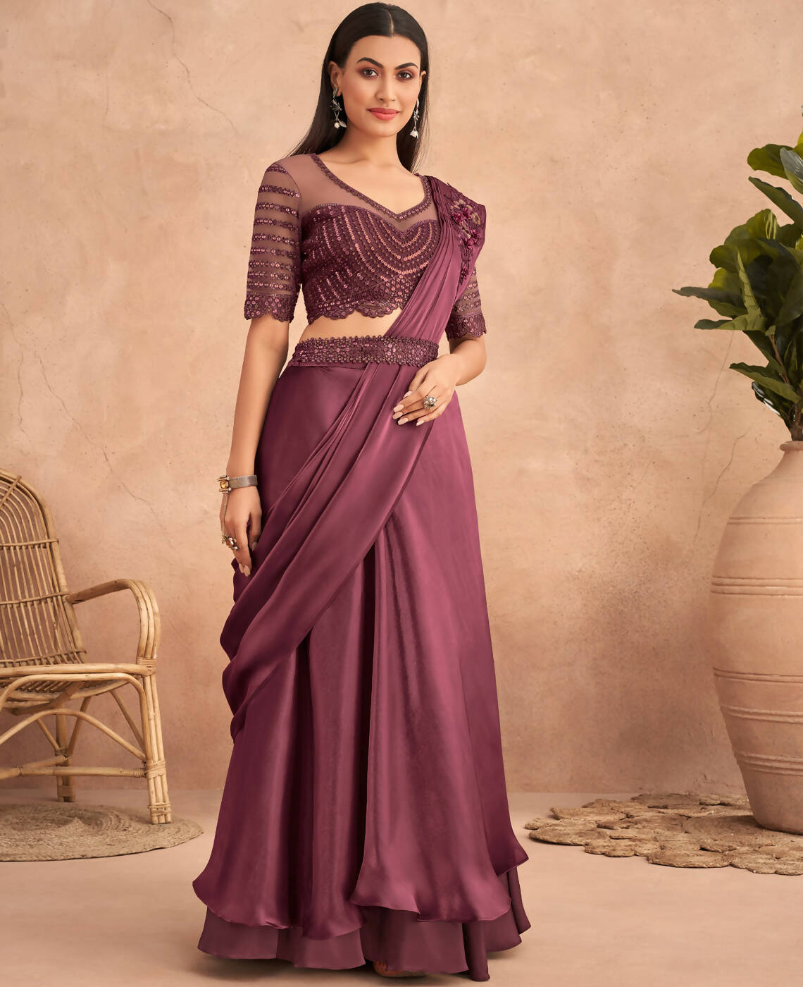 Wine Satin Embroidered Ready To Wear Saree With Unstitched Blouse Piece - Nandika | Swadesiicart