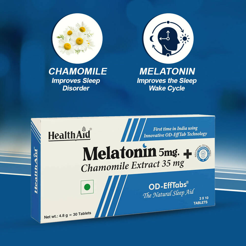 HealthAid Melatonin 5 mg + Chamomile Extract 35 mg OD Effervescent Tablets - Swadesiicart