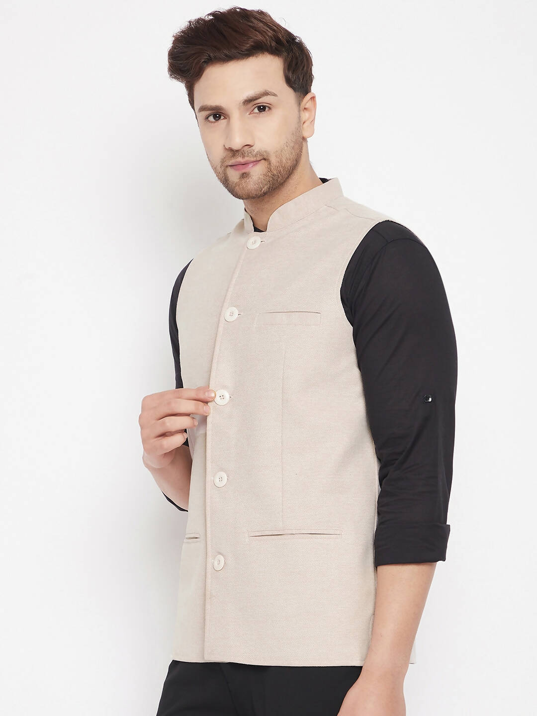 Even Apparels Cream Merino Men Woven Nehru Jacket | Swadesiicart