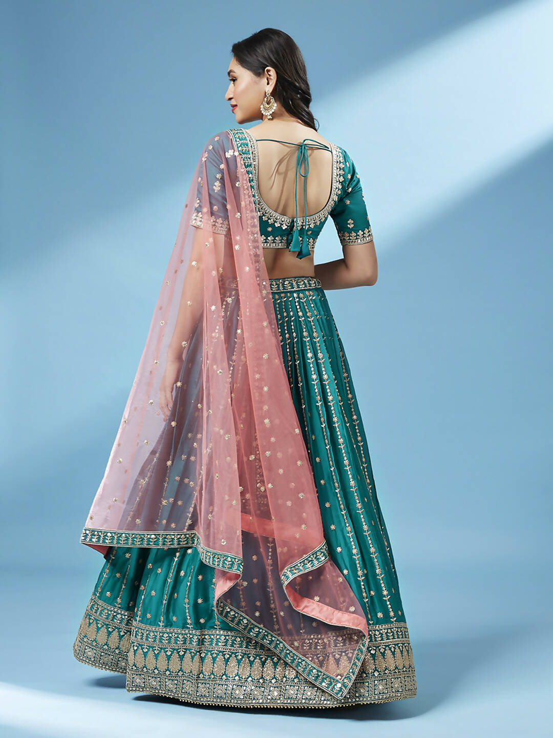 House of Panchhi Green Pure Georgette Sequins Embroidered Lehenga | Swadesiicart