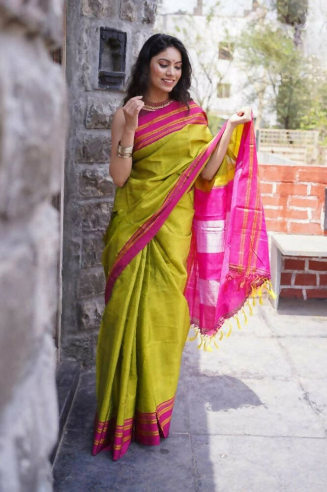 Very Much Indian Handloom Cotton Viscose Ilkal Saree - Bright Green | Swadesiicart
