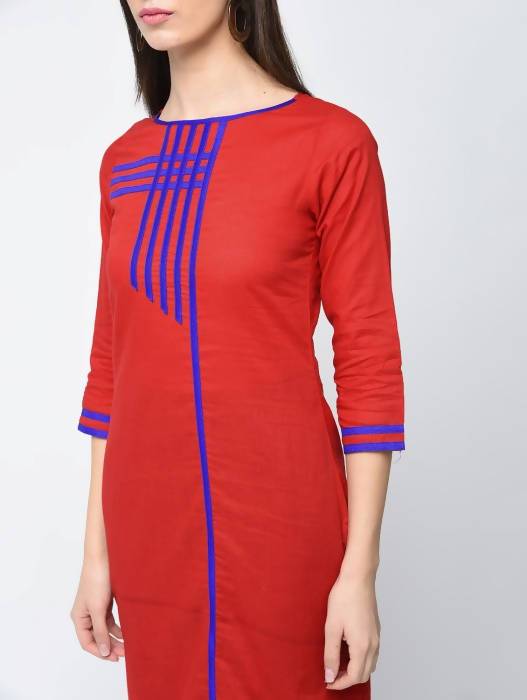Aniyah Cotton Red Color Straight Kurta With Patchwork (AN-108K) - Swadesiicart