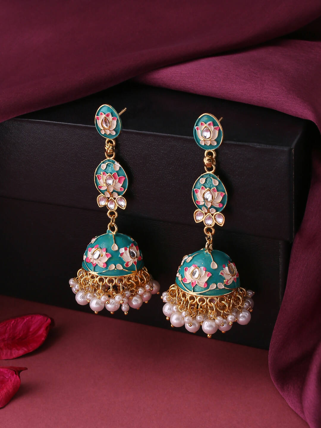 NVR Women Gold-Polished Blue Kundan Jhumkas Earrings | Swadesiicart