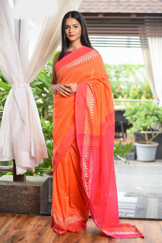 Very Much Indian Pure Cotton Handloom Saree With Intricate Borders - Orange | Swadesiicart